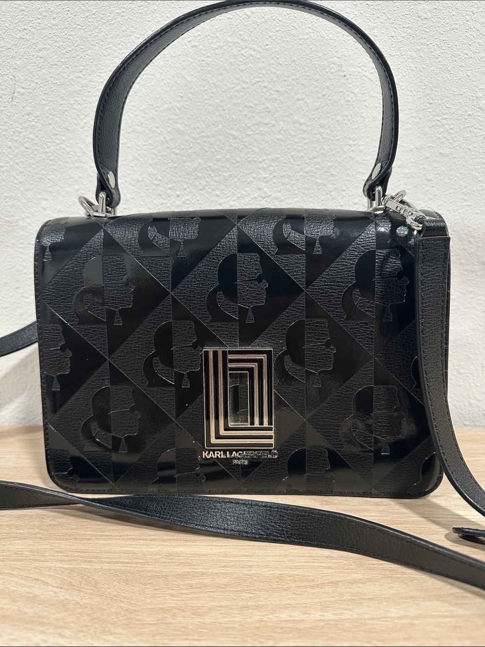Karl Lagerfeld Black Patent Logo-Print Satchel with Gold Hardware